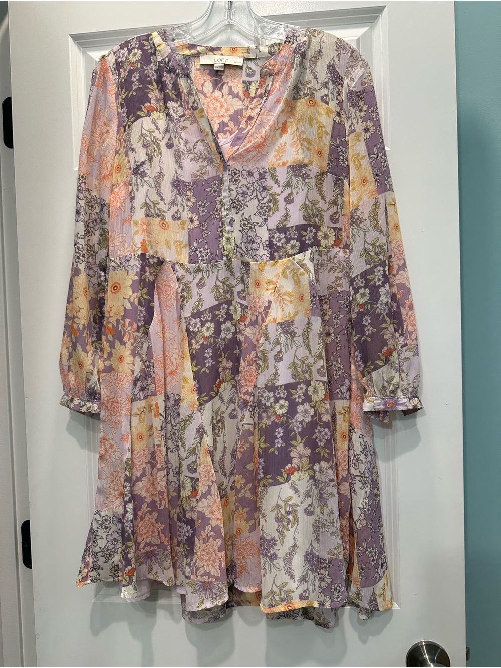 LOFT Lavender and Cream Floral Patchwork Long Sleeve Dress